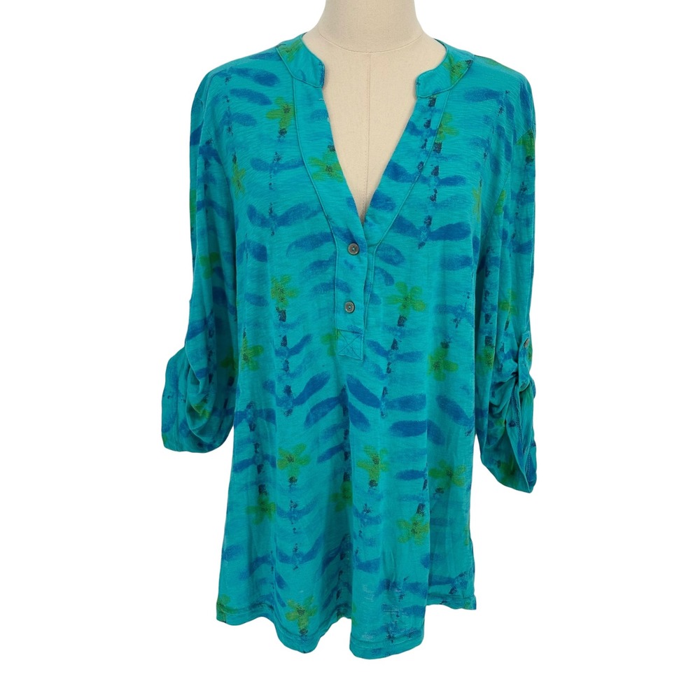 Fresh Produce Tunic Top Turquoise Blue Floral Tie Dye Roll Tab 100% Cotton XL